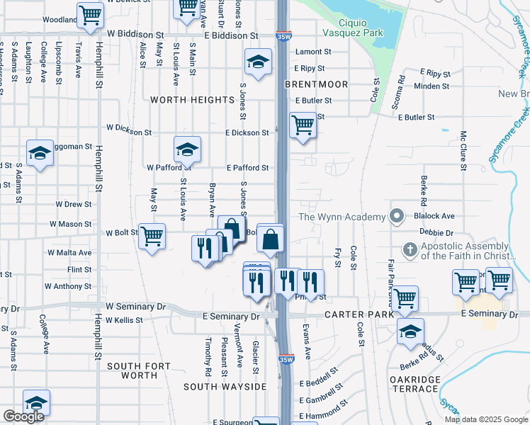 map of restaurants, bars, coffee shops, grocery stores, and more near 605 East Mason Street in Fort Worth