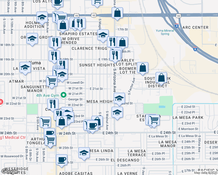 map of restaurants, bars, coffee shops, grocery stores, and more near 452-498 East 21st Street in Yuma