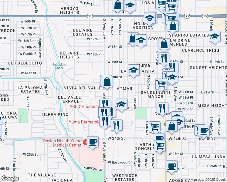 map of restaurants, bars, coffee shops, grocery stores, and more near 2050 South 10th Avenue in Yuma