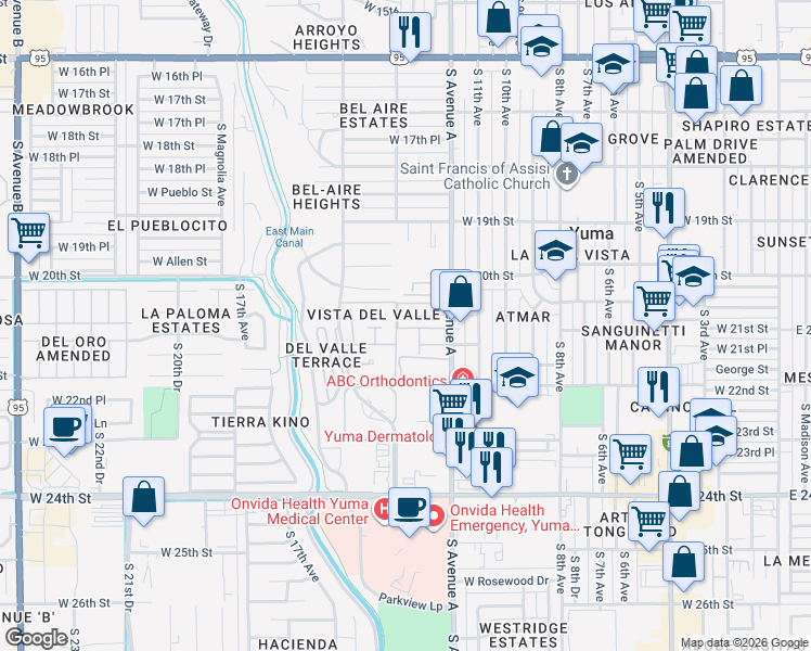 map of restaurants, bars, coffee shops, grocery stores, and more near 1253 West 20th Place in Yuma