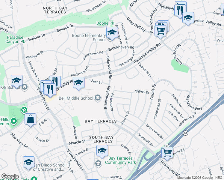 map of restaurants, bars, coffee shops, grocery stores, and more near 7313 Bignell Drive in San Diego