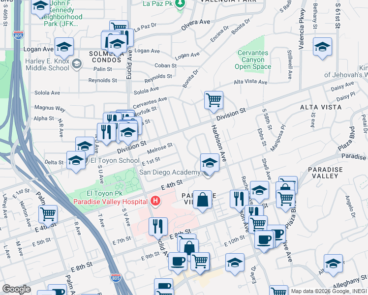 map of restaurants, bars, coffee shops, grocery stores, and more near 2743 East 1st Street in National City