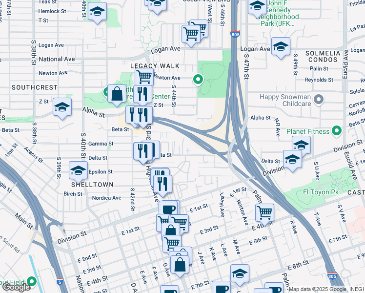 map of restaurants, bars, coffee shops, grocery stores, and more near 4422 Delta Street in San Diego