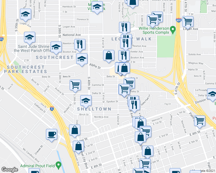 map of restaurants, bars, coffee shops, grocery stores, and more near 4143 Gamma Street in San Diego