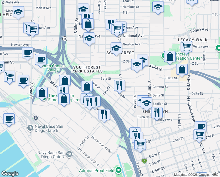 map of restaurants, bars, coffee shops, grocery stores, and more near 1623 Una Street in San Diego