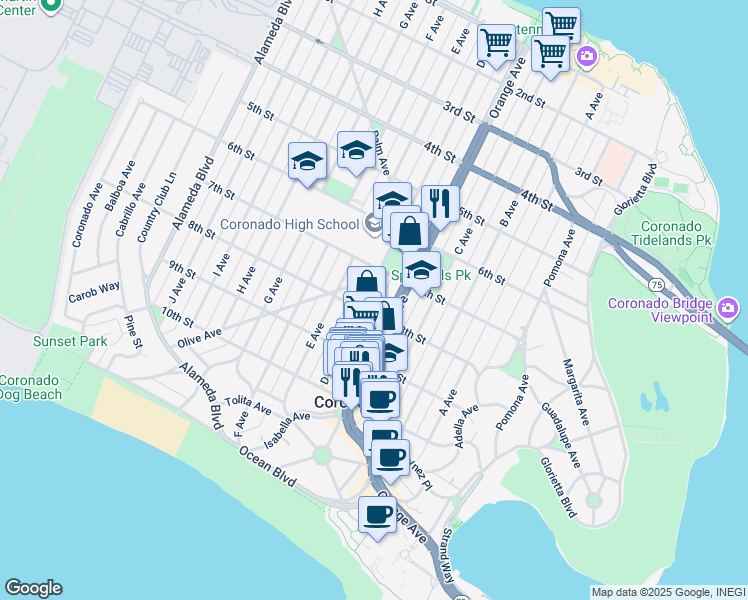 map of restaurants, bars, coffee shops, grocery stores, and more near 761 D Avenue in Coronado