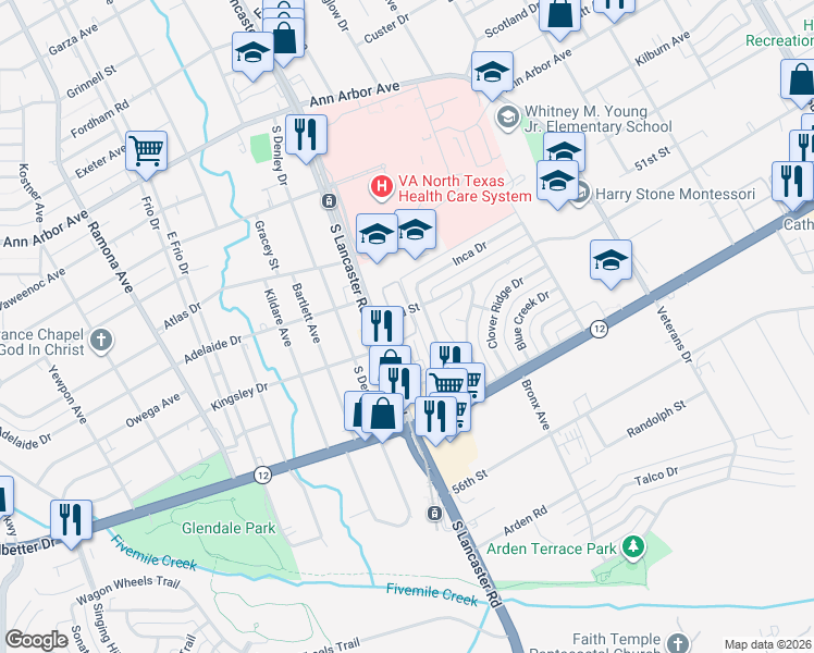 map of restaurants, bars, coffee shops, grocery stores, and more near 4830 South Lancaster Road in Dallas