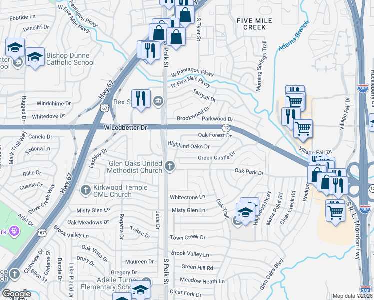 map of restaurants, bars, coffee shops, grocery stores, and more near 952 Highland Oaks Drive in Dallas