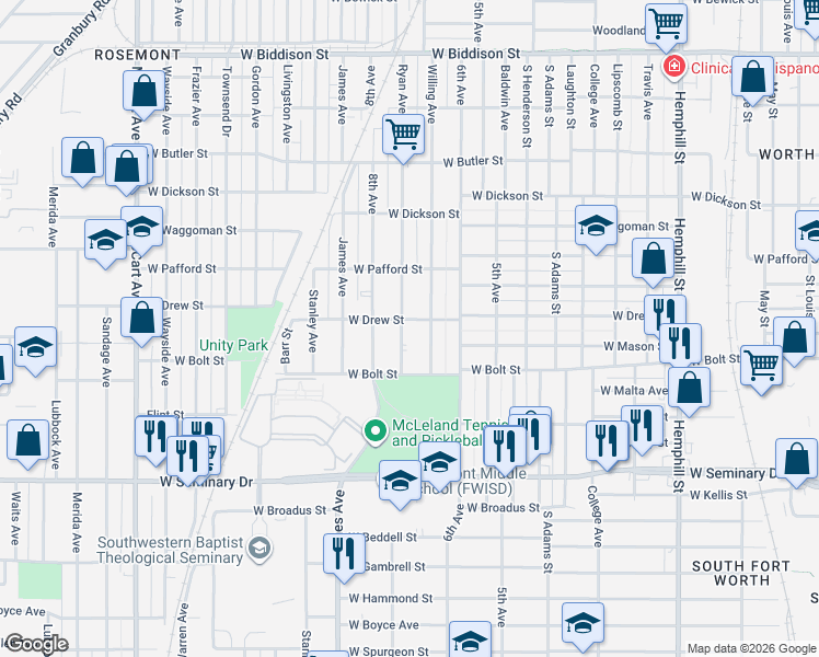 map of restaurants, bars, coffee shops, grocery stores, and more near 4009 Ryan Avenue in Fort Worth