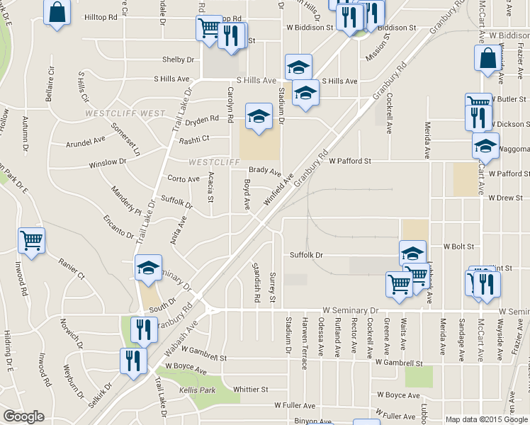 map of restaurants, bars, coffee shops, grocery stores, and more near 4053 Winfield Avenue in Fort Worth
