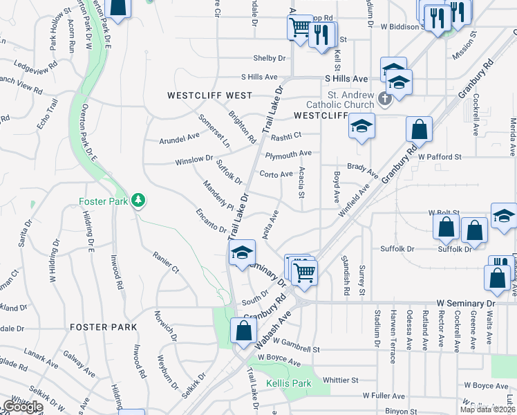 map of restaurants, bars, coffee shops, grocery stores, and more near 3560 Manderly Place in Fort Worth