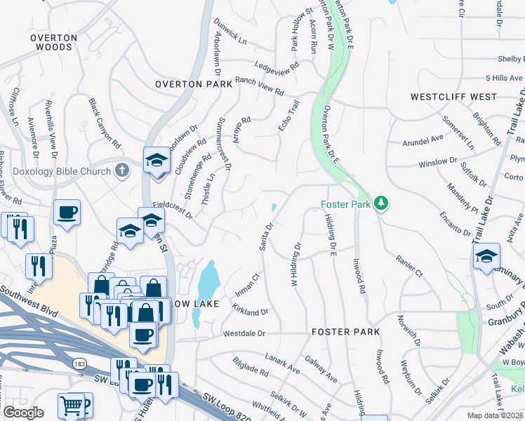 map of restaurants, bars, coffee shops, grocery stores, and more near 4001 Briarhaven Court in Fort Worth