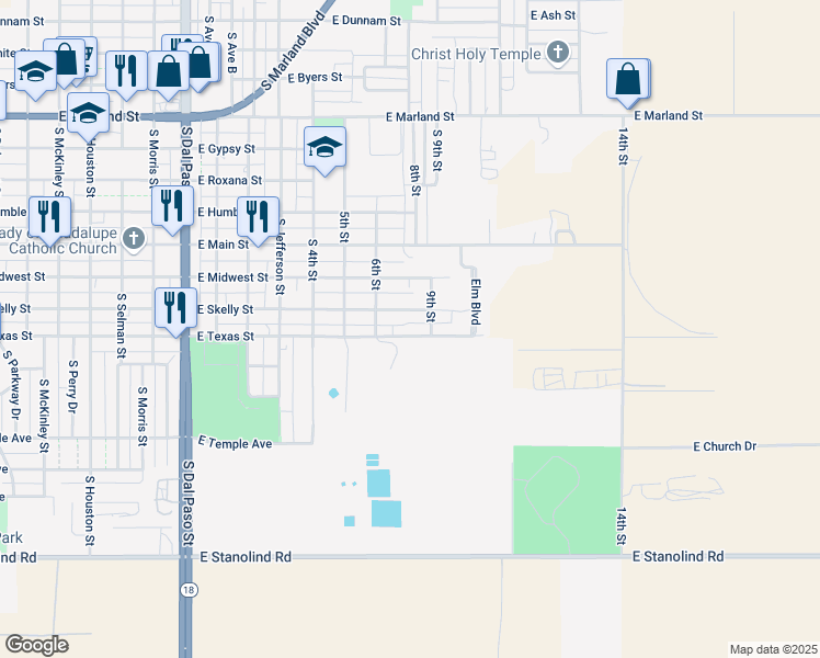 map of restaurants, bars, coffee shops, grocery stores, and more near 1504 East Texas Street in Hobbs