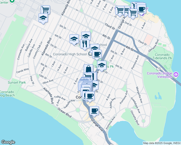 map of restaurants, bars, coffee shops, grocery stores, and more near 761 D Avenue in Coronado
