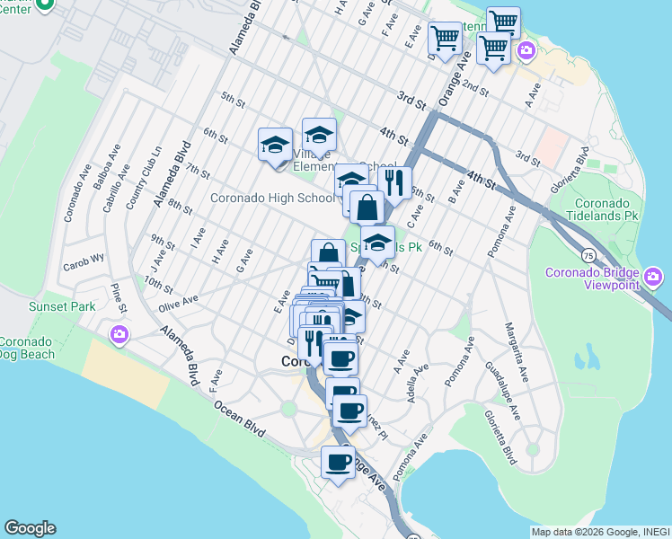 map of restaurants, bars, coffee shops, grocery stores, and more near 753 D Avenue in Coronado