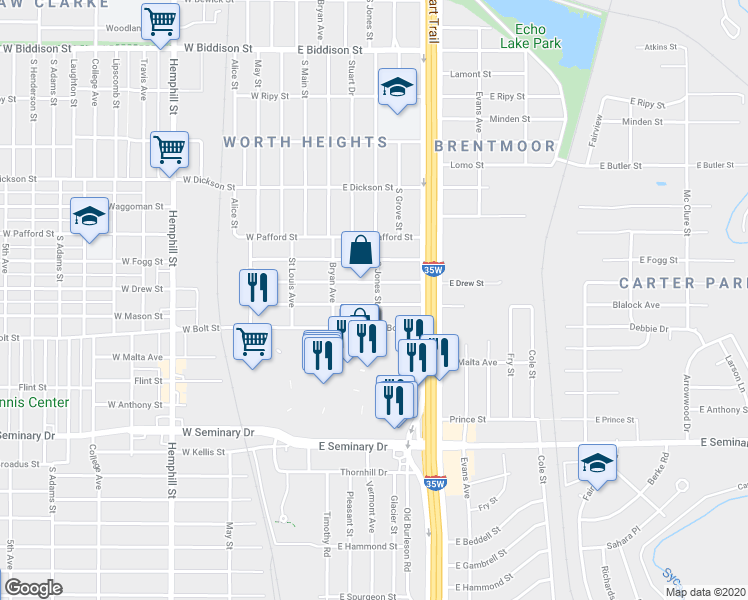 map of restaurants, bars, coffee shops, grocery stores, and more near 421 East Mason Street in Fort Worth