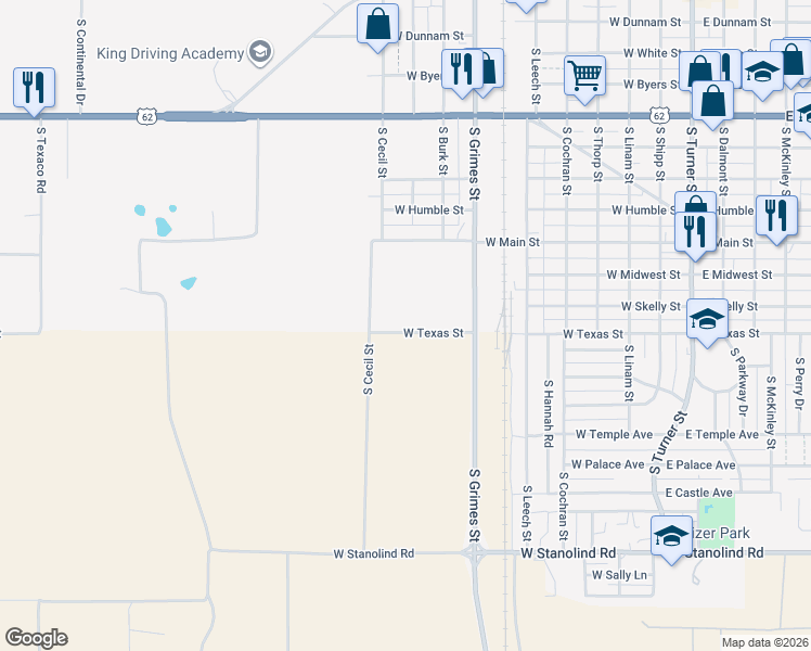map of restaurants, bars, coffee shops, grocery stores, and more near 1004 West Texas Street in Hobbs