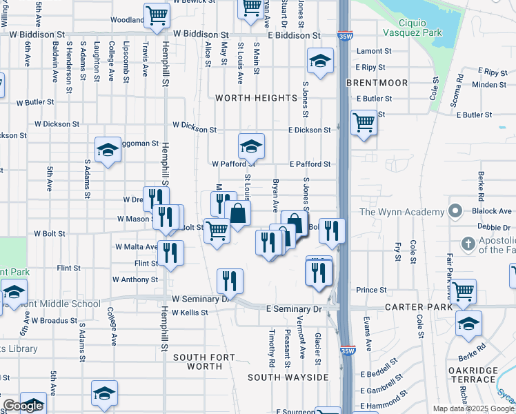 map of restaurants, bars, coffee shops, grocery stores, and more near 113 East Mason Street in Fort Worth