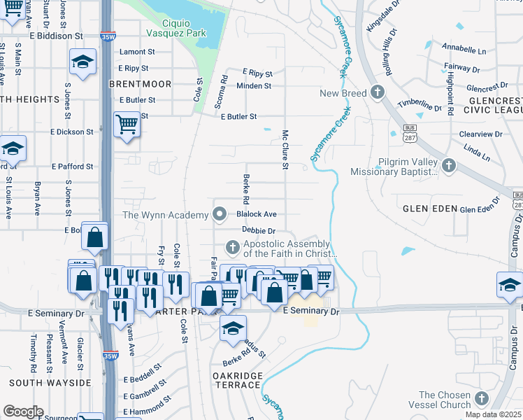 map of restaurants, bars, coffee shops, grocery stores, and more near 1221 Blalock Avenue in Fort Worth