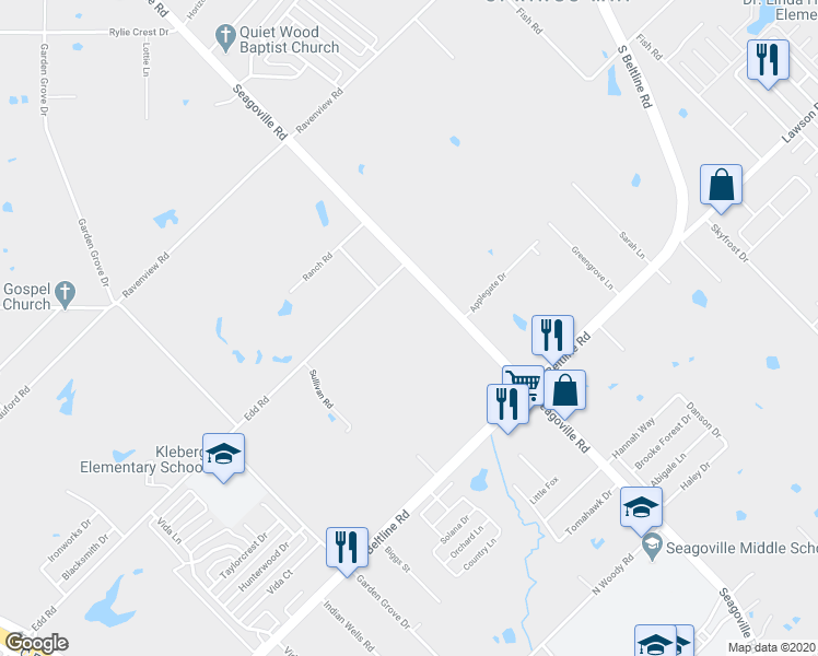 map of restaurants, bars, coffee shops, grocery stores, and more near 14700 Seagoville Road in Dallas