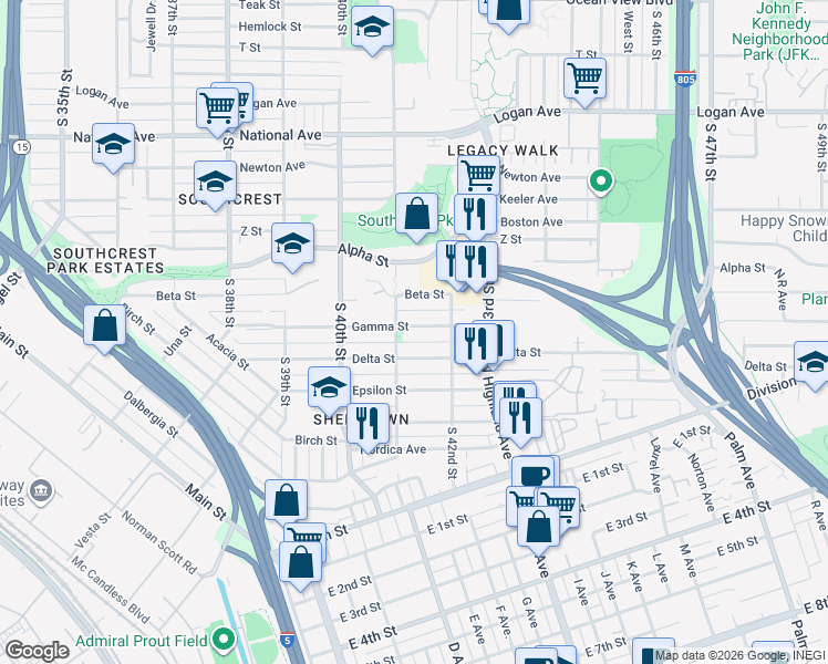 map of restaurants, bars, coffee shops, grocery stores, and more near 4125 Gamma Street in San Diego