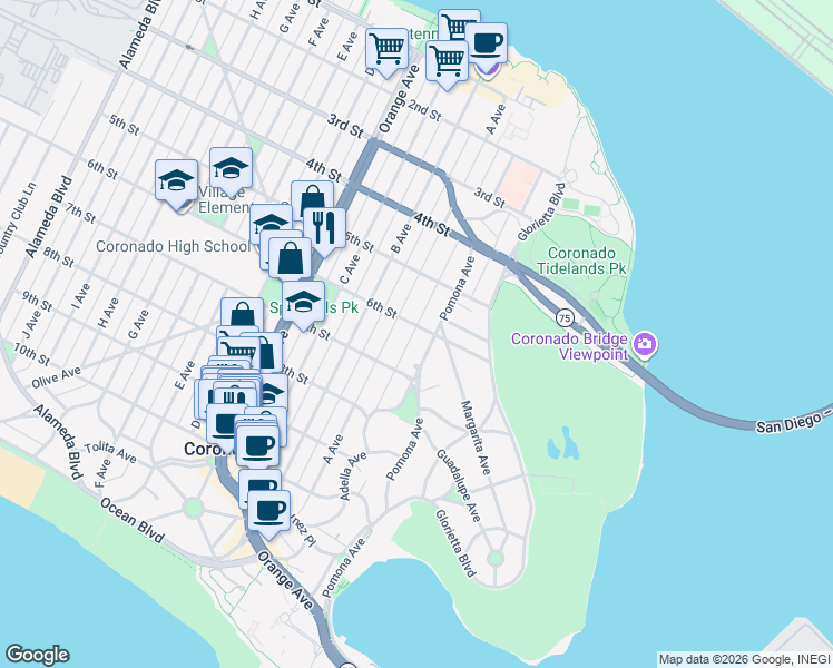 map of restaurants, bars, coffee shops, grocery stores, and more near 1422 6th Street in Coronado