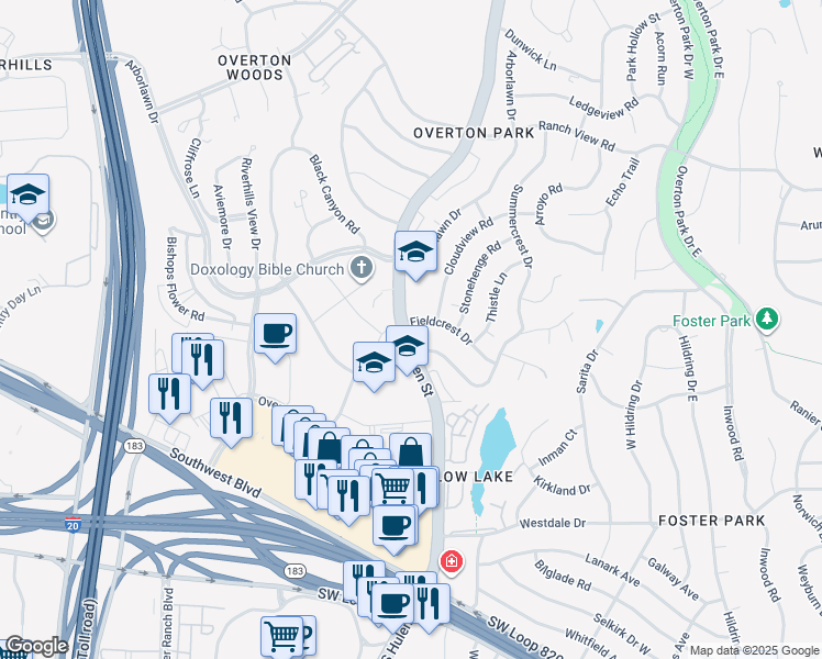 map of restaurants, bars, coffee shops, grocery stores, and more near 4761 Fieldcrest Drive in Fort Worth