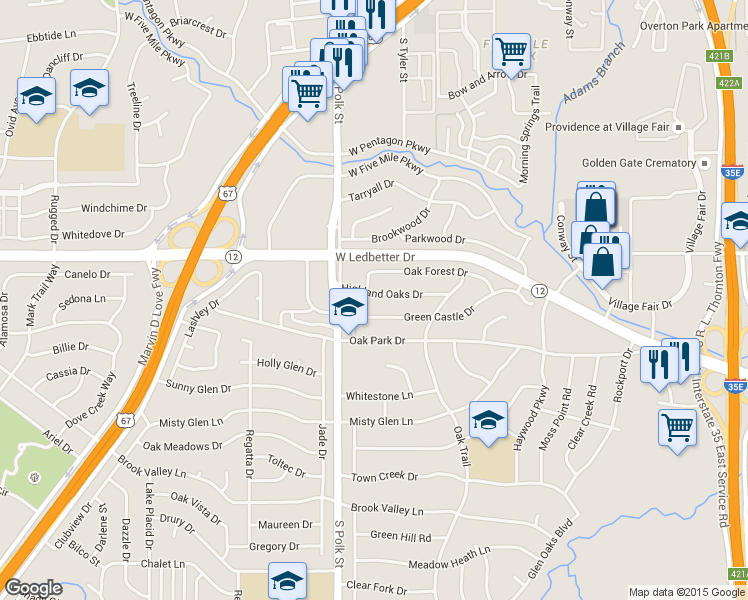 map of restaurants, bars, coffee shops, grocery stores, and more near 952 Highland Oaks Drive in Dallas