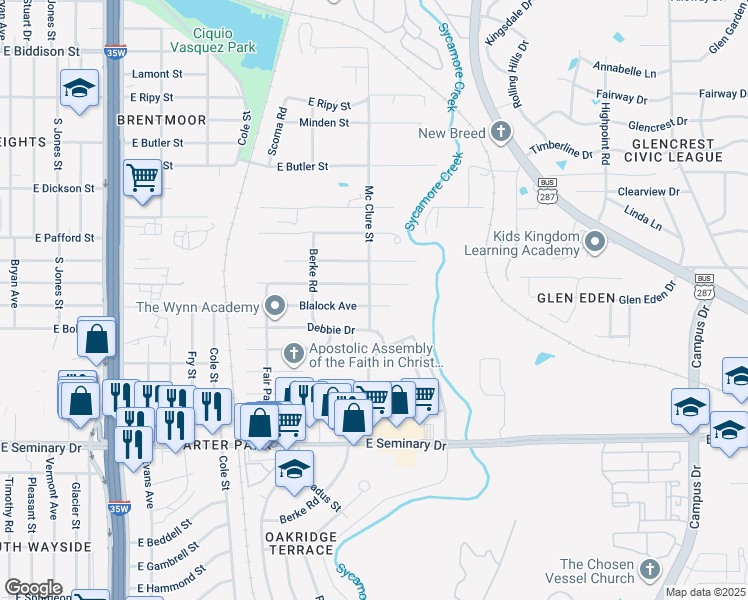 map of restaurants, bars, coffee shops, grocery stores, and more near 1303 Blalock Avenue in Fort Worth