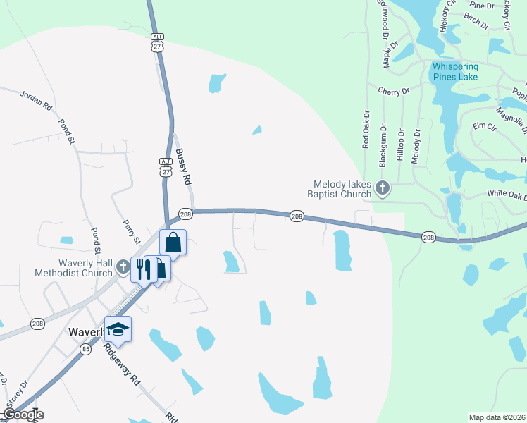 map of restaurants, bars, coffee shops, grocery stores, and more near Highway 208 in Waverly Hall