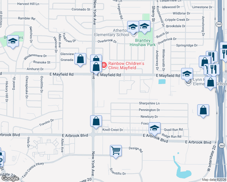 map of restaurants, bars, coffee shops, grocery stores, and more near 1950 East Mayfield Road in Arlington