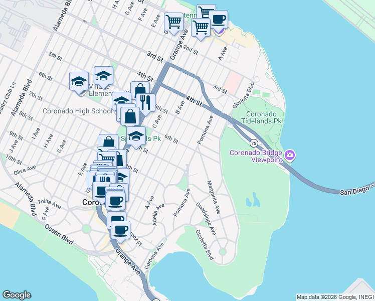 map of restaurants, bars, coffee shops, grocery stores, and more near 1422 6th Street in Coronado
