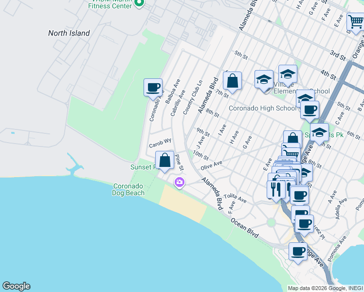 map of restaurants, bars, coffee shops, grocery stores, and more near 980 Alameda Boulevard in Coronado