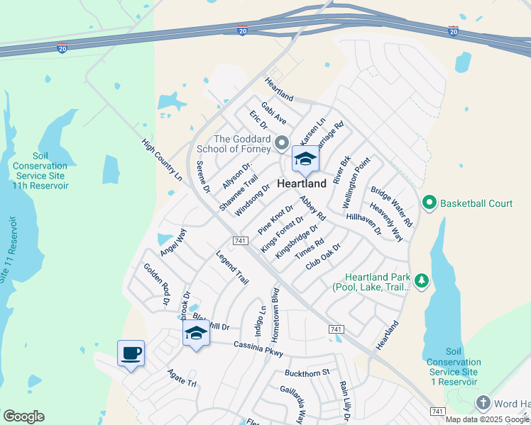 map of restaurants, bars, coffee shops, grocery stores, and more near 2026 Stagecoach Trail in Forney