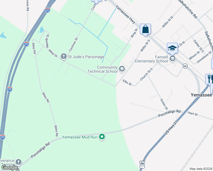 map of restaurants, bars, coffee shops, grocery stores, and more near 24 Riley Street in Yemassee