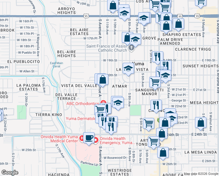 map of restaurants, bars, coffee shops, grocery stores, and more near 2050 South 10th Avenue in Yuma