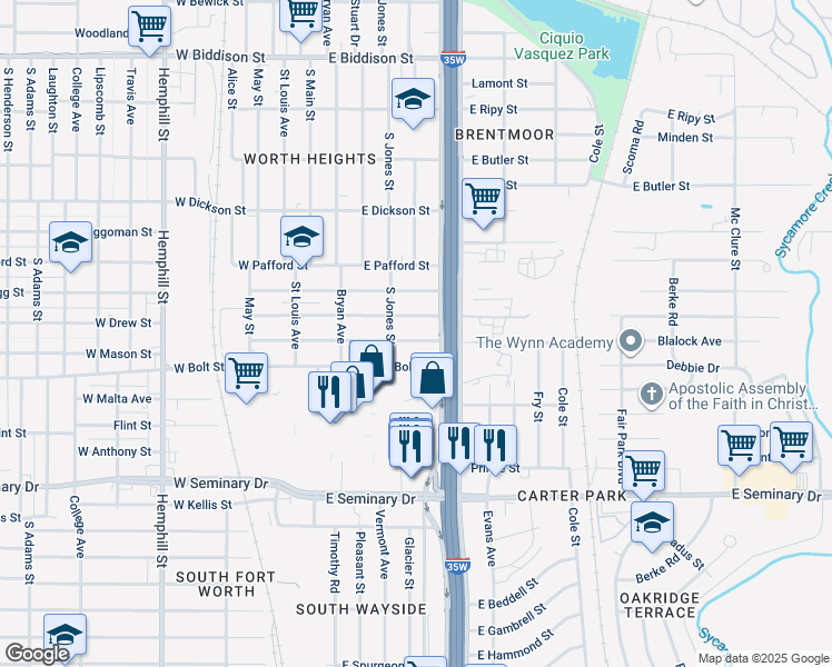 map of restaurants, bars, coffee shops, grocery stores, and more near 605 East Mason Street in Fort Worth