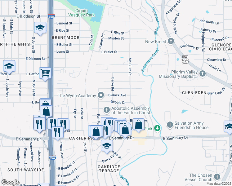 map of restaurants, bars, coffee shops, grocery stores, and more near 1221 Blalock Avenue in Fort Worth