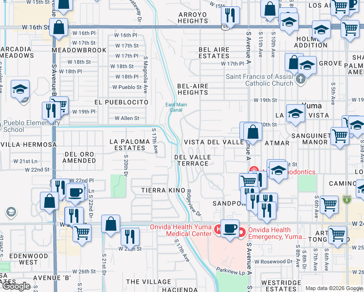 map of restaurants, bars, coffee shops, grocery stores, and more near 2087 Ridgeview Drive in Yuma