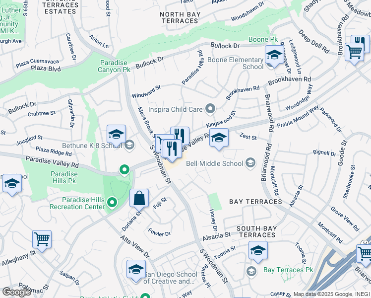 map of restaurants, bars, coffee shops, grocery stores, and more near 6965 Paradise Valley Road in San Diego