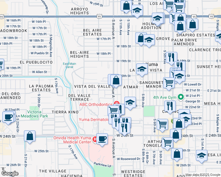 map of restaurants, bars, coffee shops, grocery stores, and more near 2059 South Avenue A in Yuma