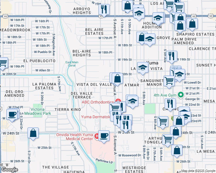 map of restaurants, bars, coffee shops, grocery stores, and more near 1253 West 20th Place in Yuma