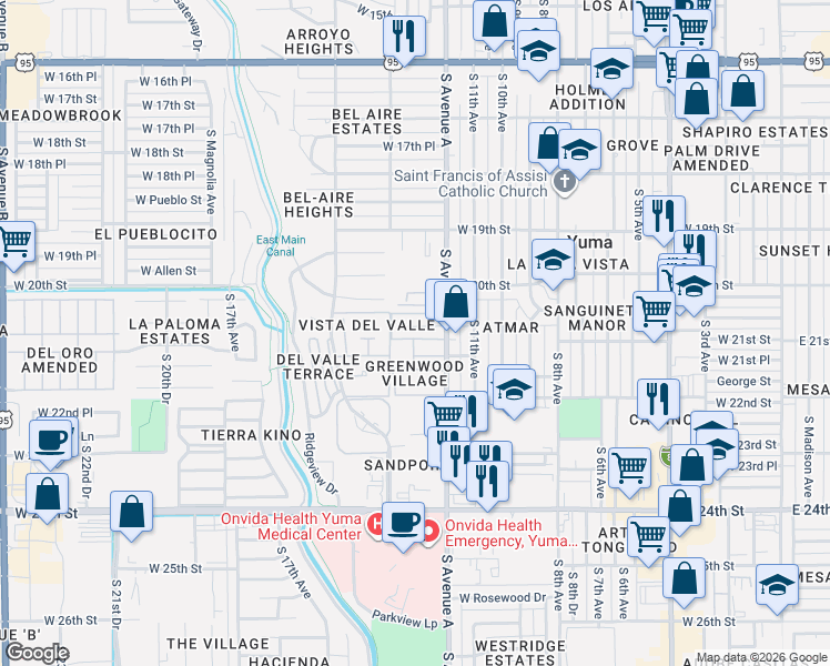 map of restaurants, bars, coffee shops, grocery stores, and more near 1253 West 20th Place in Yuma