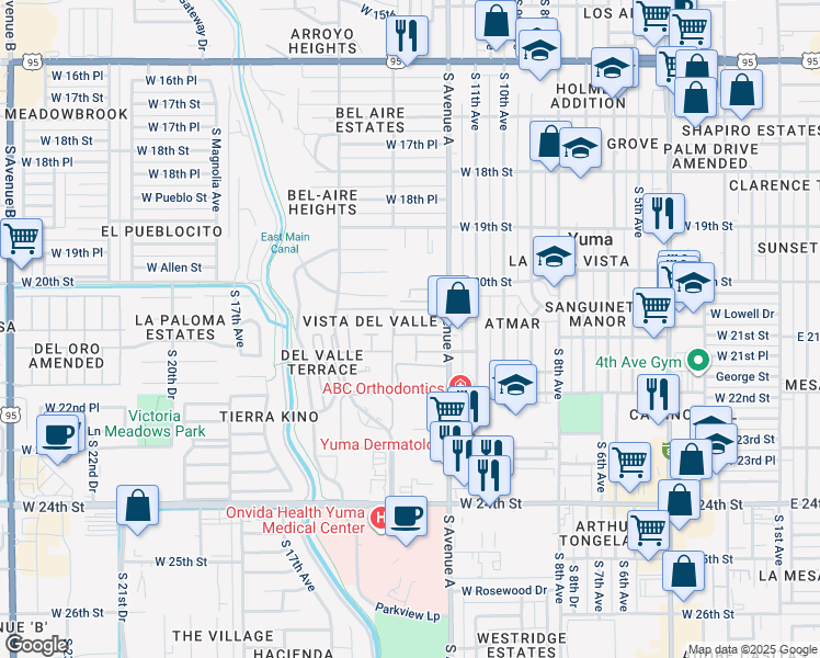 map of restaurants, bars, coffee shops, grocery stores, and more near 1253 West 20th Place in Yuma
