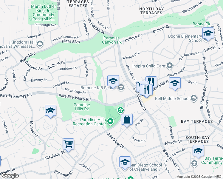 map of restaurants, bars, coffee shops, grocery stores, and more near 1903 Parkland Way in San Diego