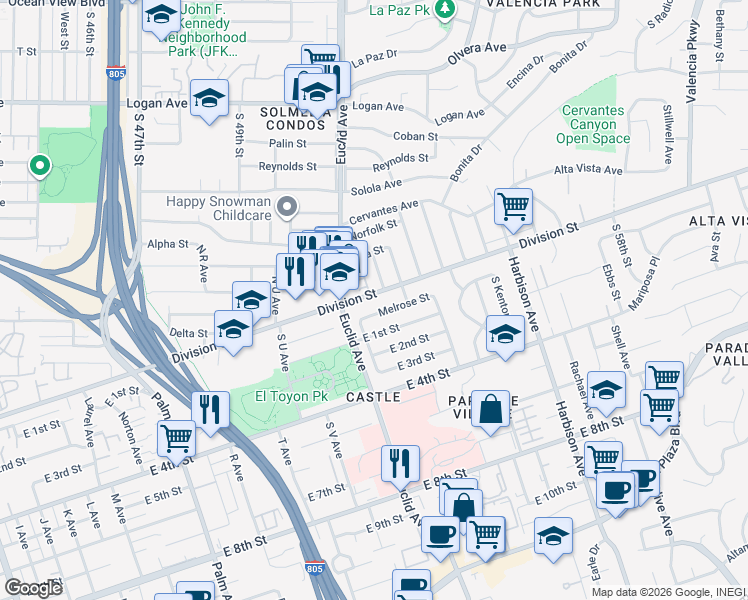 map of restaurants, bars, coffee shops, grocery stores, and more near 2442 Division Street in National City