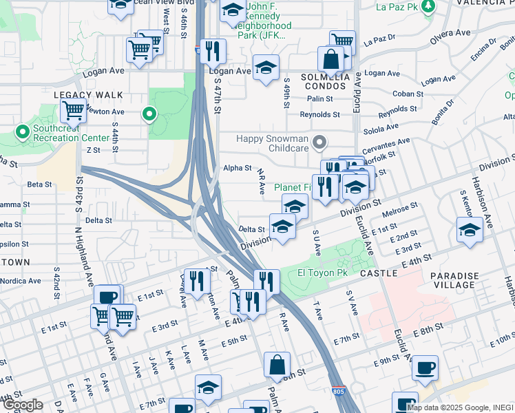 map of restaurants, bars, coffee shops, grocery stores, and more near 1725 La Posada Street in National City