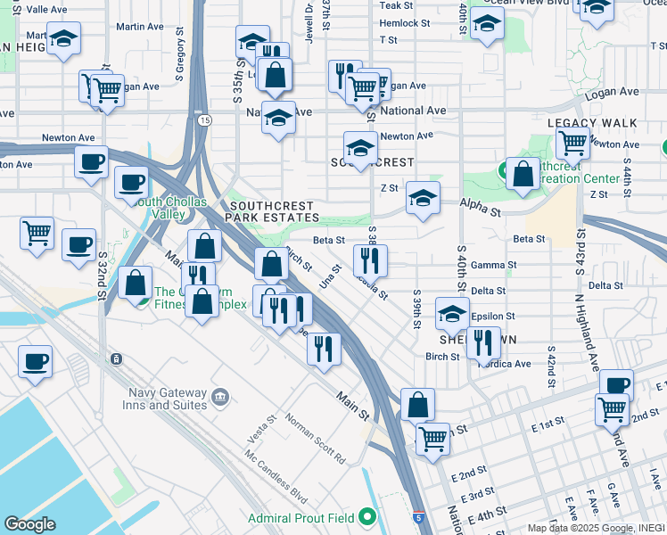 map of restaurants, bars, coffee shops, grocery stores, and more near 1623 Una Street in San Diego