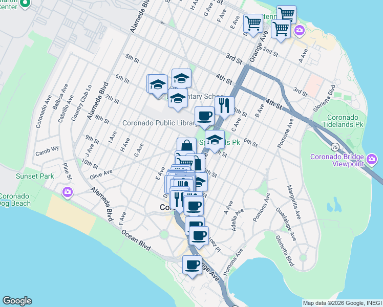 map of restaurants, bars, coffee shops, grocery stores, and more near 761 D Avenue in Coronado