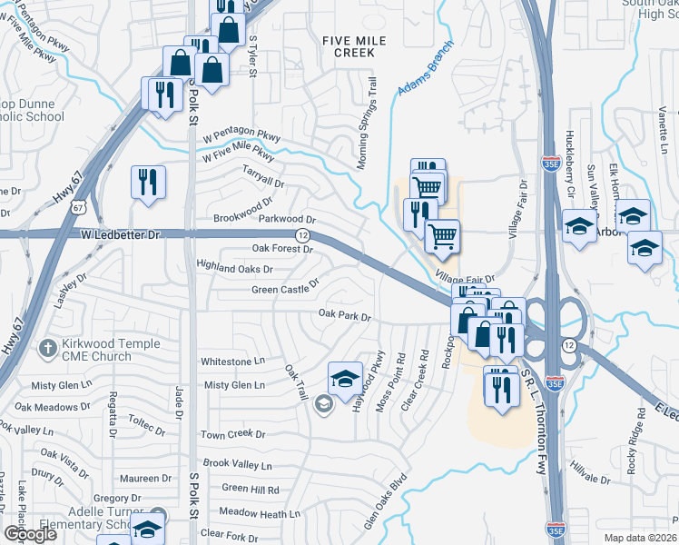 map of restaurants, bars, coffee shops, grocery stores, and more near 626 Green Castle Drive in Dallas